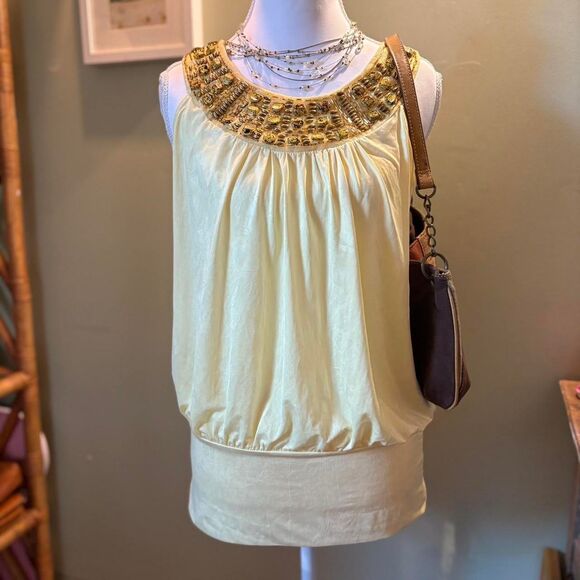 A. Byer - yellow y2k sleeveless top with stone embellished collar/neckline M - Picture 1 of 7